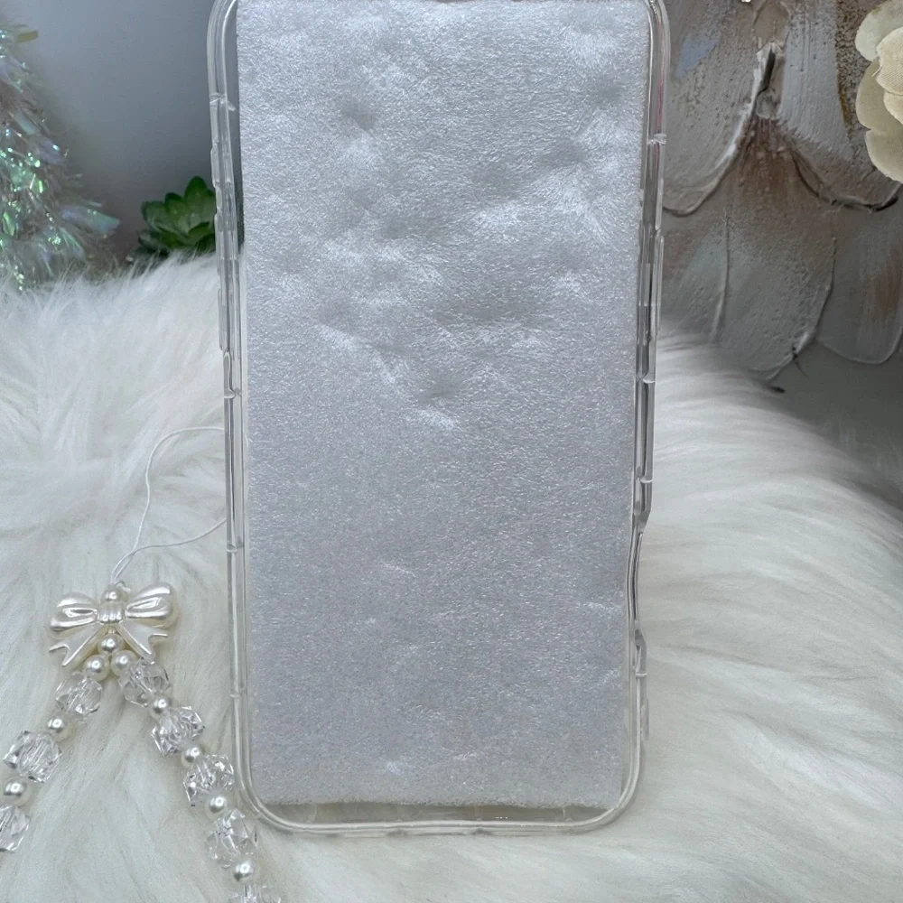 Chic iPhone 16 Pro Max White Bow Theme Clear Case w/ matching bead charm